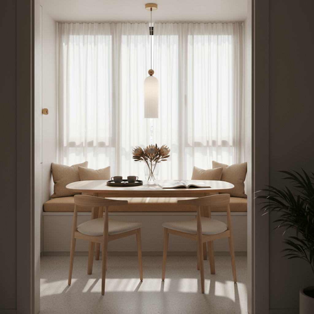 A cozy dining nook featuring the Antic White & Gold Pendant Light above a round wooden table with two chairs and a window.