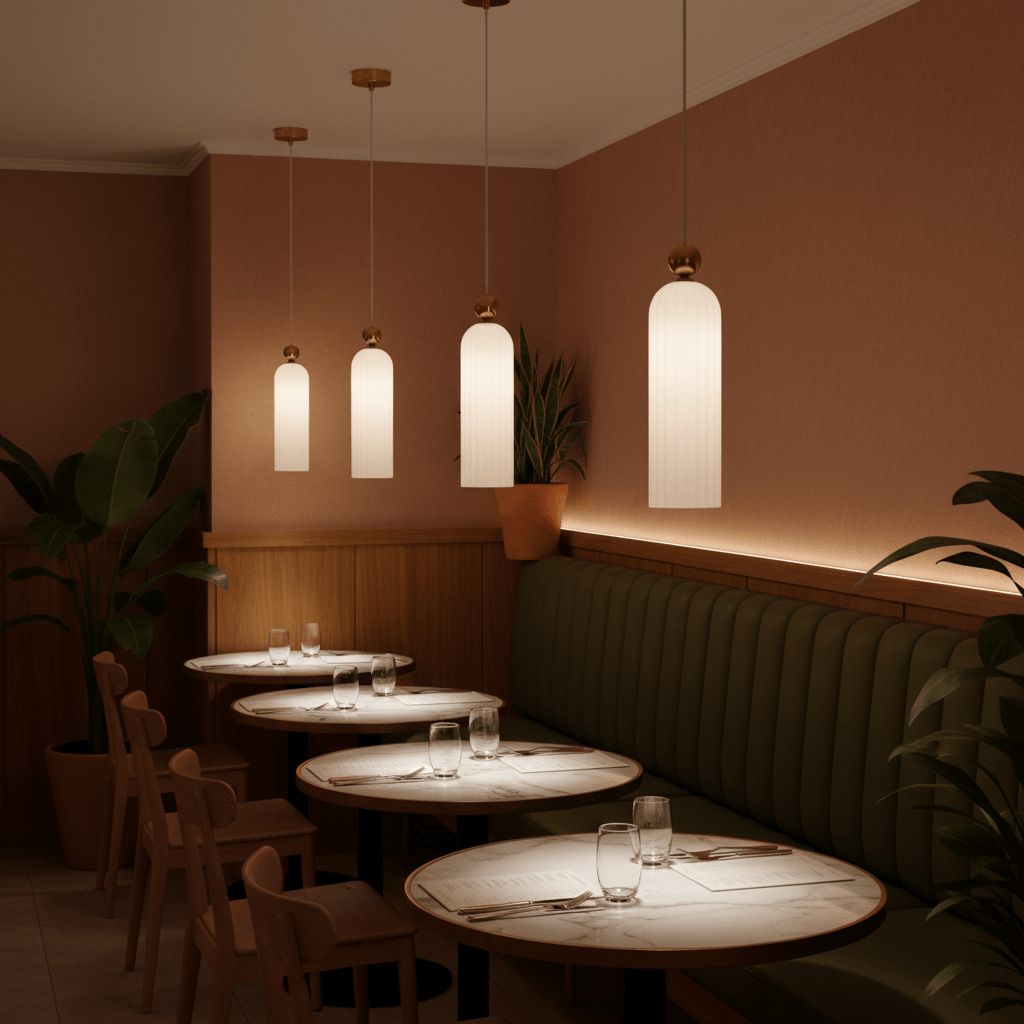 Four Antic White & Gold Pendant Lights hang above dining tables in a cozy restaurant setting.