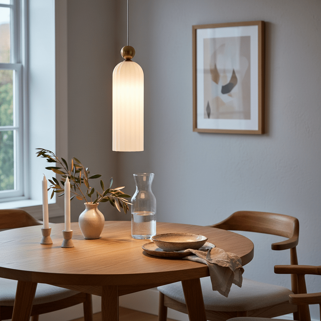 Fluted white-glass pendant light with gold trim hanging above a wooden dining table set with decor.