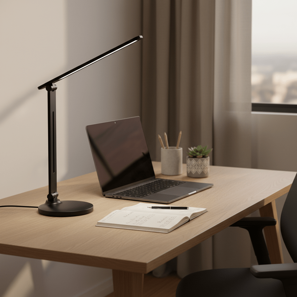 Black rechargeable desk lamp with flexible arm on a wooden desk beside a laptop, notebook, and small plant.