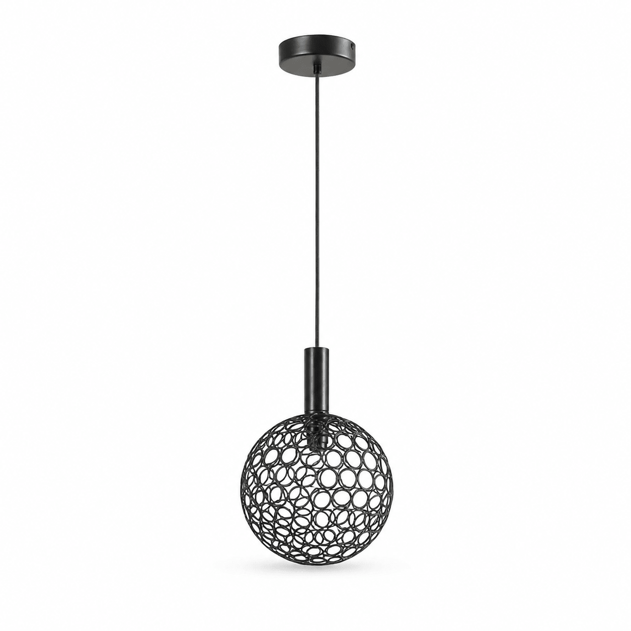 Black medium round pendant light with a circular metal design, suspended from a ceiling mount.