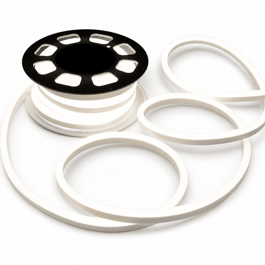 LED 24V Neon Flex Strip in a coiled design, showcasing its flexible silicone body and daylight illumination.