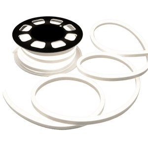 A spool of white LED neon flex strip with a black circular holder, coiled and partially uncoiled.