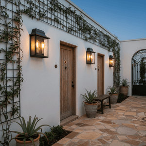 Centurion Double Outdoor Wall Light illuminating a welcoming entrance with potted plants and stone pathway.