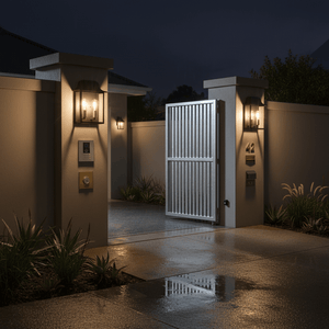 Centurion Double Outdoor Wall Light illuminating a modern entrance with a gate and pathway.