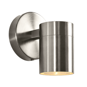 A cylindrical stainless steel outdoor wall light mounted on a round backplate, emitting warm light.