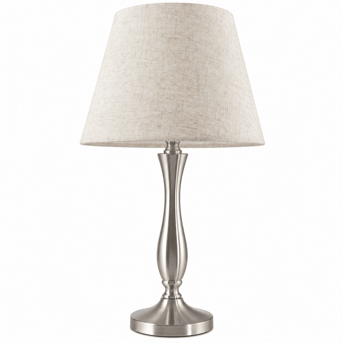 Satin chrome table lamp with curved base and beige hessian fabric shade, centered against plain white background.