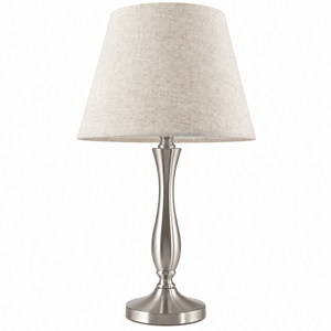 Satin chrome table lamp with curved base and beige hessian fabric shade, centered against plain white background.