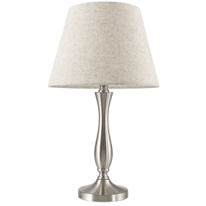 Satin chrome table lamp with hessian shade, shown against solid green background.