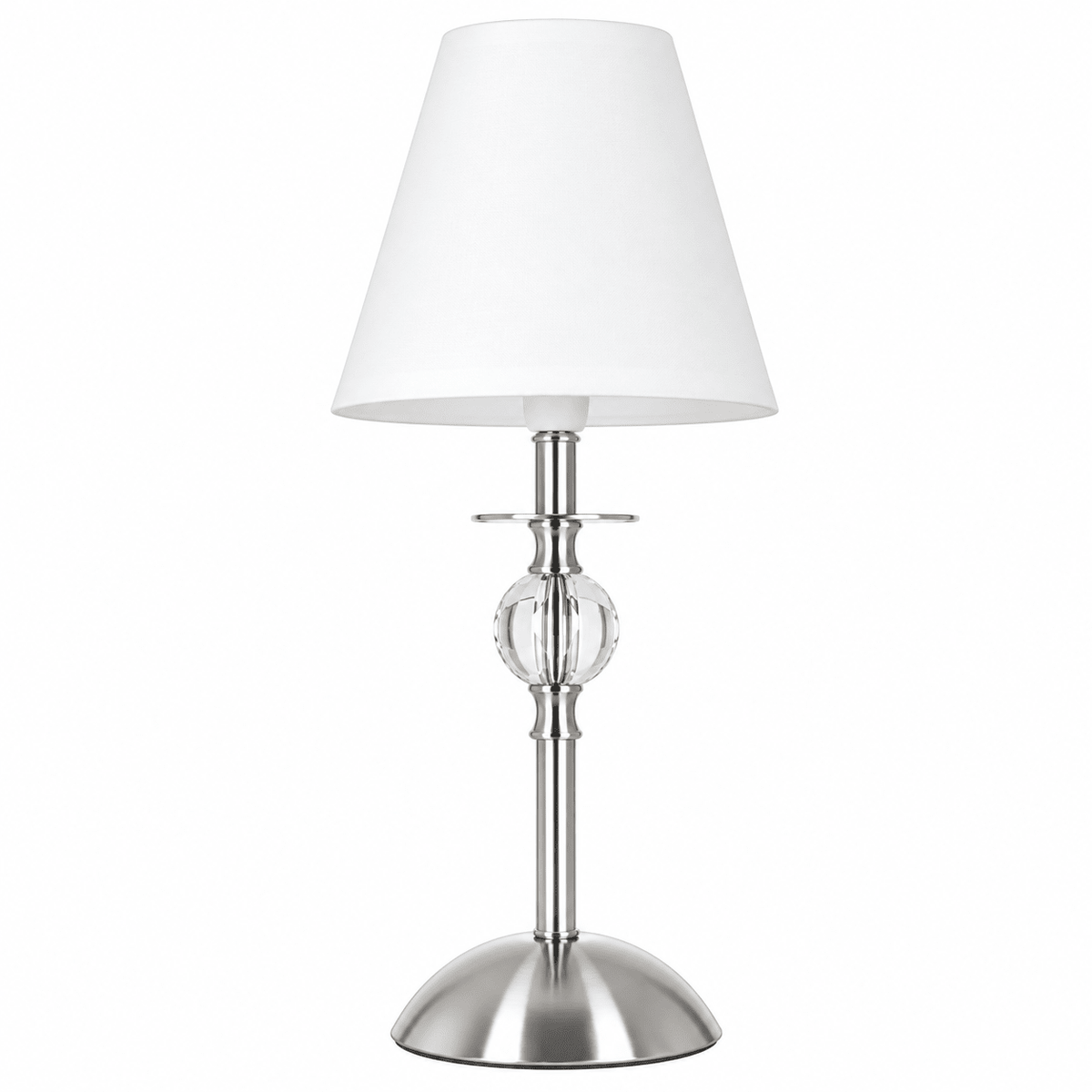 Satin chrome and clear acrylic table lamp with a white shade, showcasing a modern design.