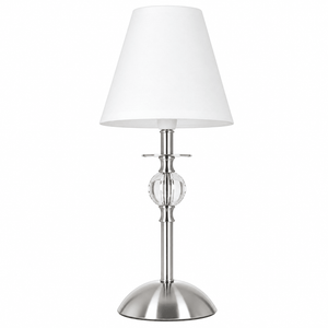 Satin chrome and clear acrylic table lamp with a white shade, showcasing a modern design.