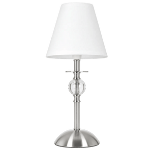 Satin chrome and clear acrylic table lamp with a white shade, featuring a modern design.