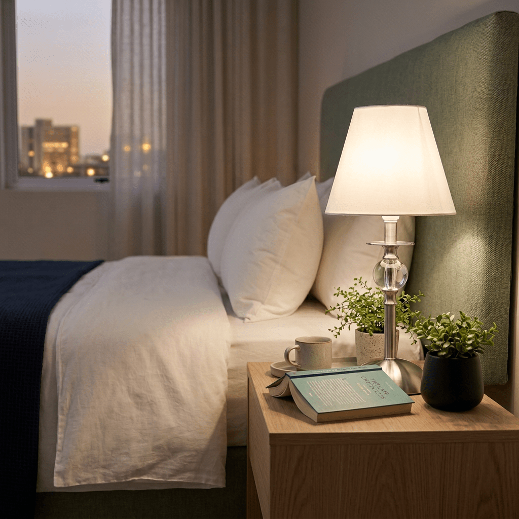 Satin Chrome & Clear Acrylic Table Lamp with White Shade