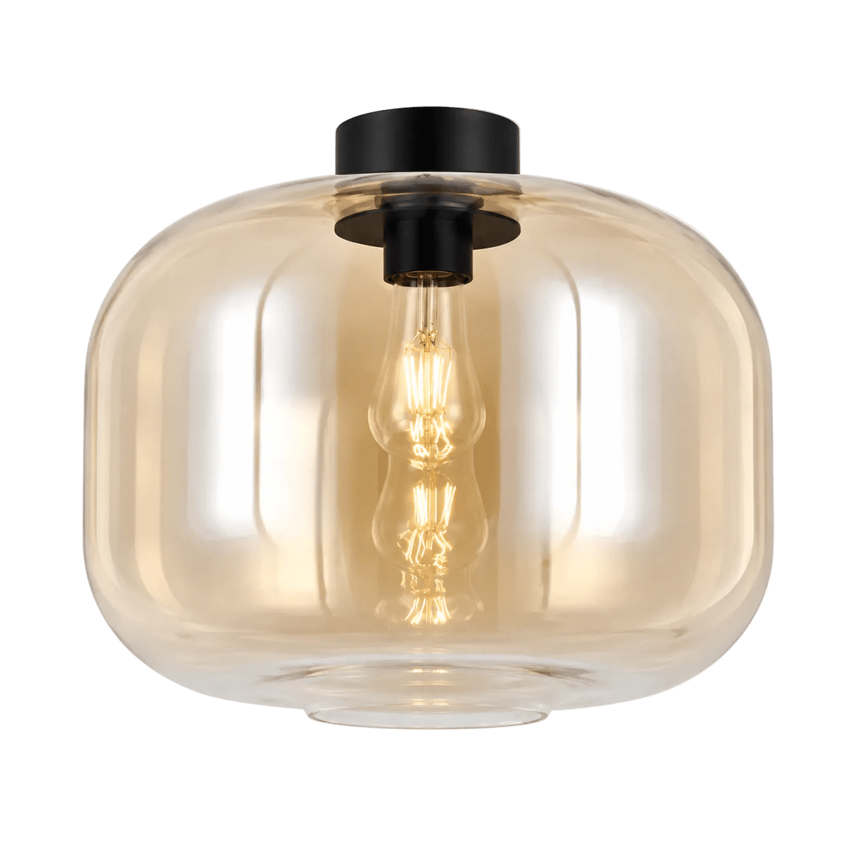 Amber glass ceiling light with a rounded shape, featuring a black metal fixture and visible filament bulb inside.