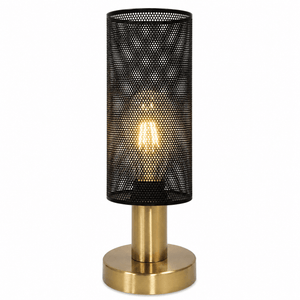 Chaluma Black & Gold Mesh Table Lamp featuring a cylindrical mesh shade and a gold base, illuminated from within.