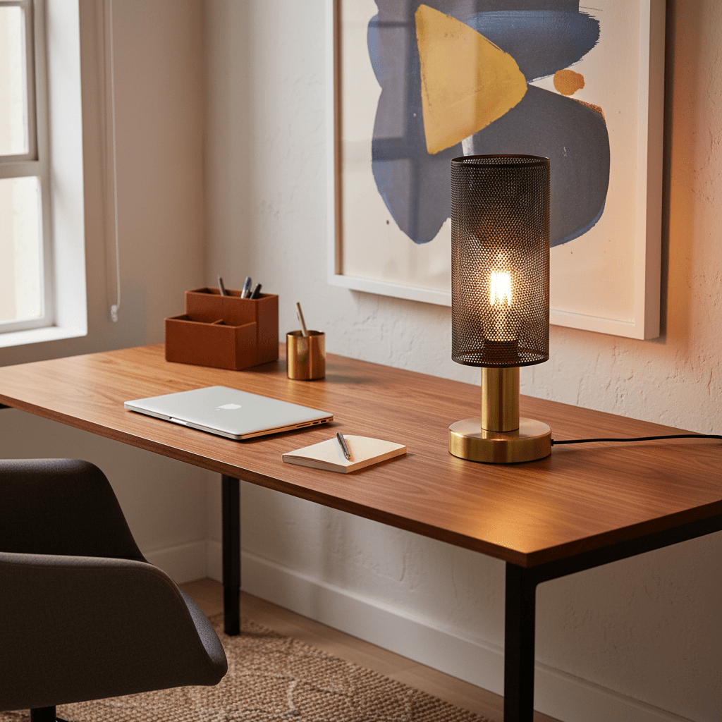 Chaluma Black & Gold Mesh Table Lamp on a wooden desk with a laptop, stationery, and artwork in the background.