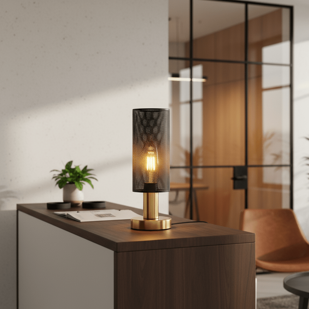 Chaluma Black & Gold Mesh Table Lamp on a wooden surface, casting warm light, with a modern office background.