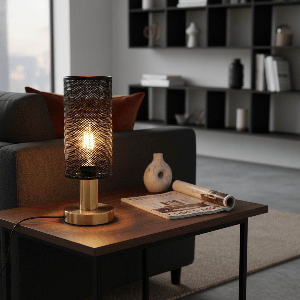 Chaluma Black & Gold Mesh Table Lamp on a wooden table beside a sofa, casting warm light.