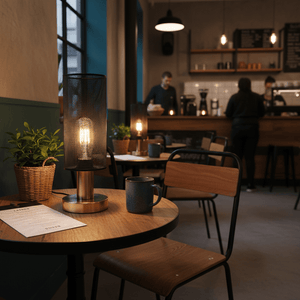 Chaluma Black & Gold Mesh Table Lamp on a wooden table in a cozy café setting, with a coffee mug and plant.