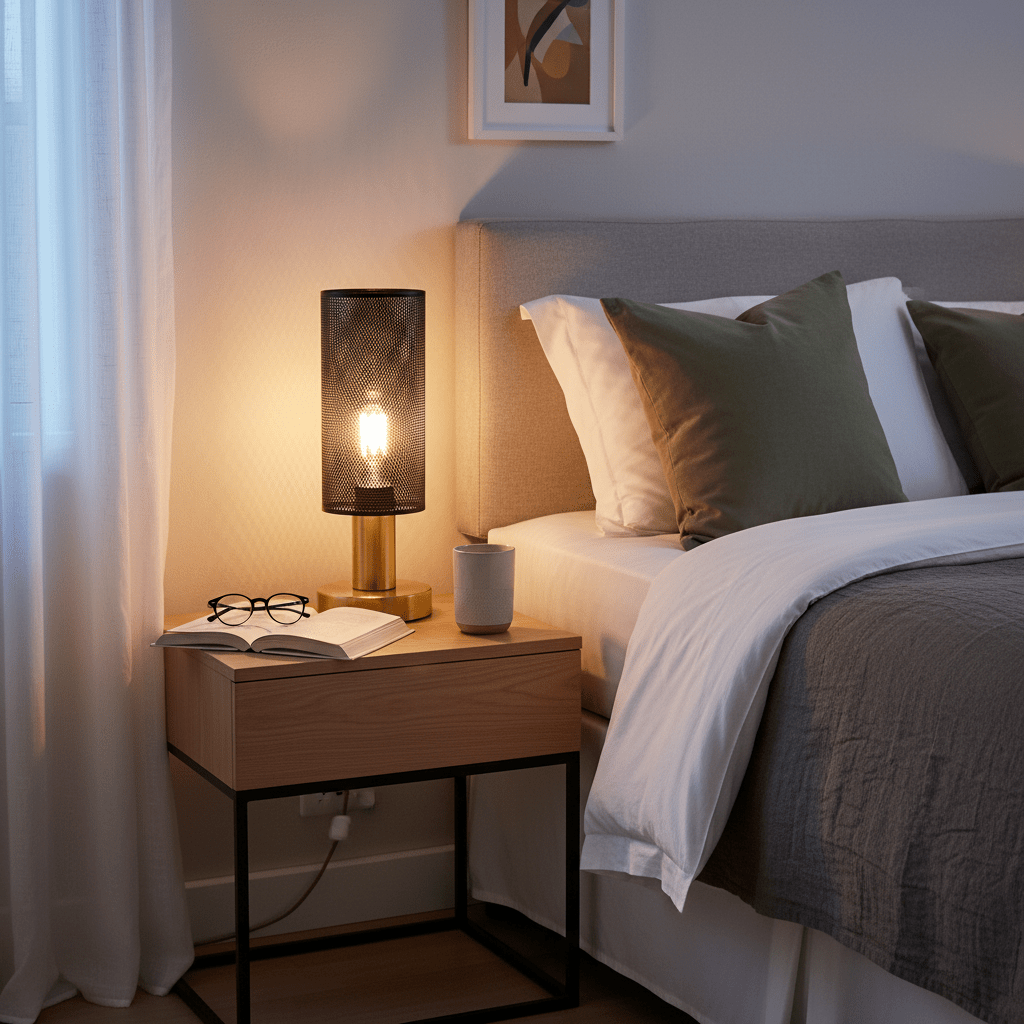 Chaluma Black & Gold Mesh Table Lamp on a bedside table with a book, glasses, and a cup.