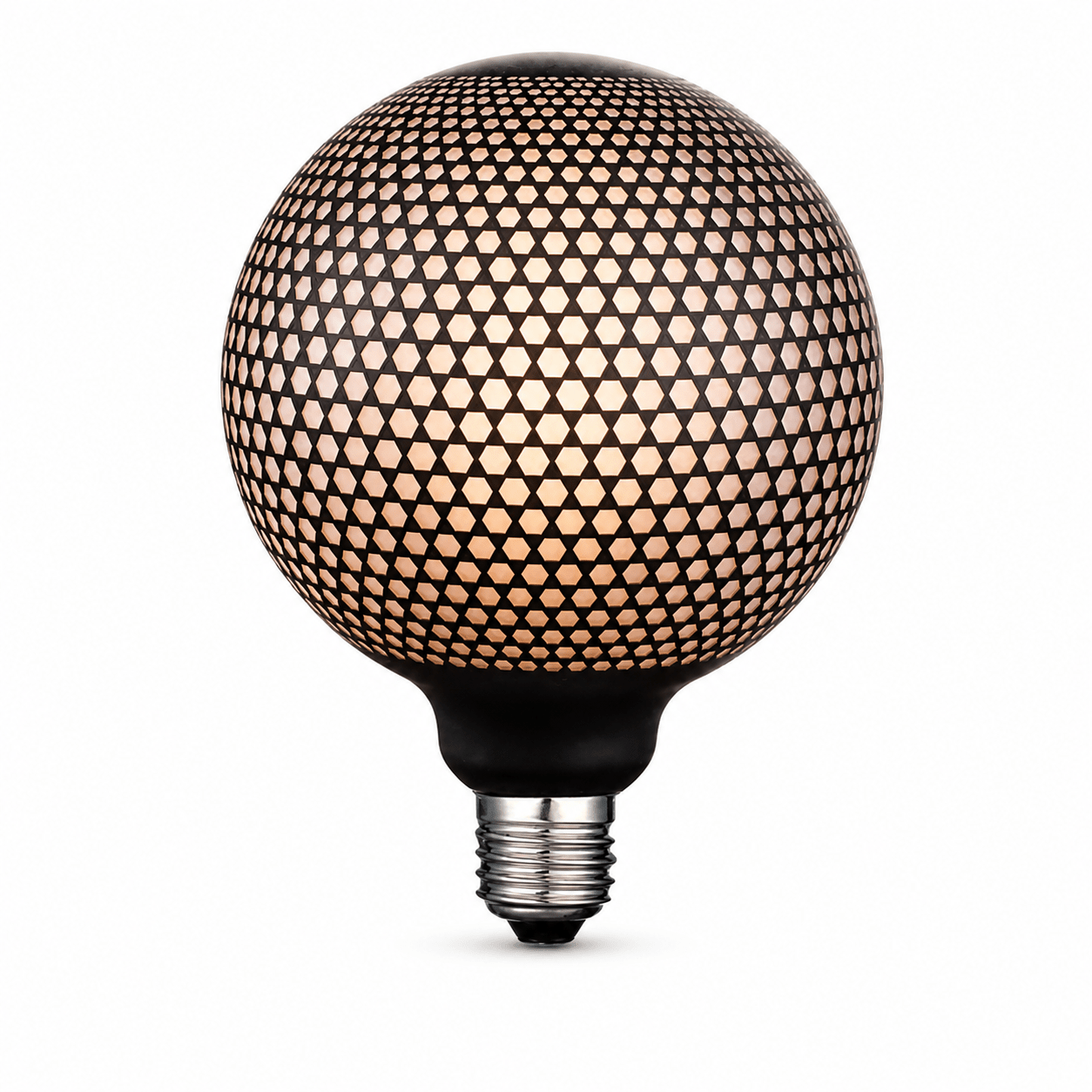 Decorative G125 filament bulb with graphic dot design, emitting warm light.