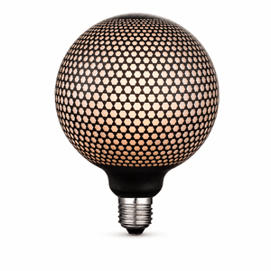Decorative G125 filament bulb with graphic dot design, emitting warm light.