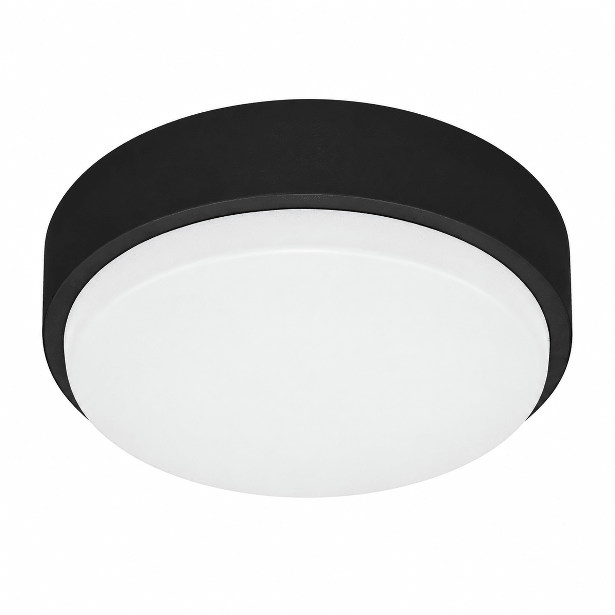Round ceiling light with black outer rim and white diffuser panel, shown against plain white background.