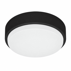 Round ceiling light with black outer rim and white diffuser panel, shown against plain white background.