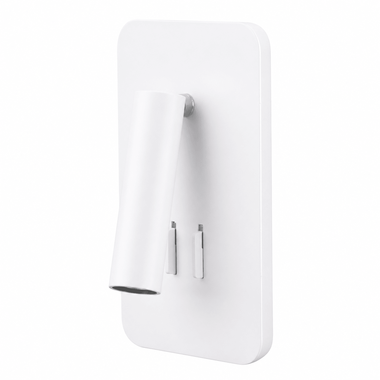 White wall-mounted bedside reading light with adjustable arm and dual switches.