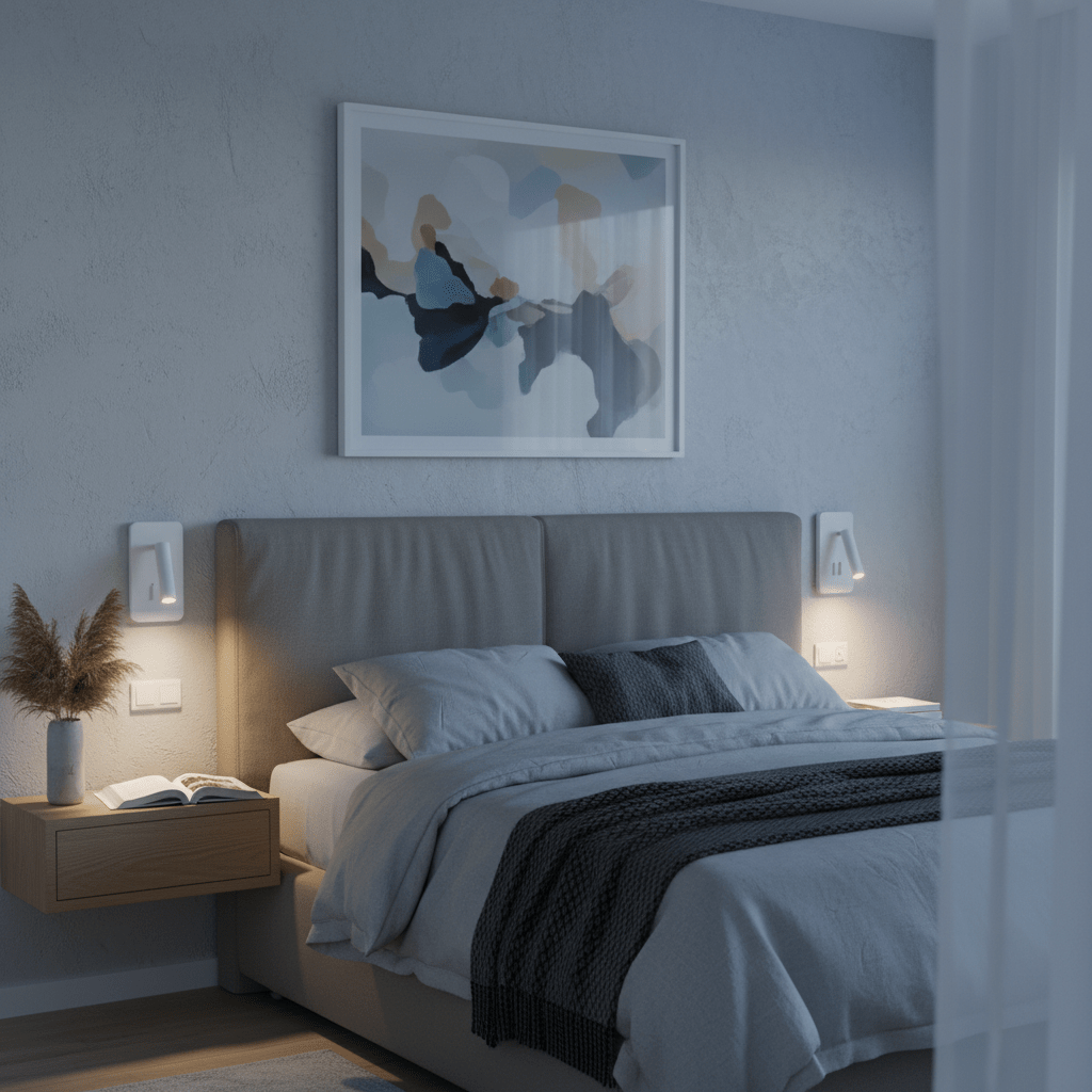 Stylish bedroom featuring the Bewley Square Bedside Reading Light mounted above a cozy bed with soft bedding.