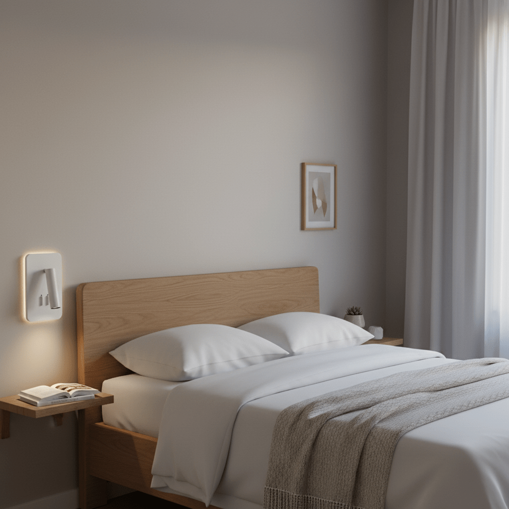 A modern bedroom featuring the Bewley Square Bedside Reading Light mounted on the wall beside a wooden bed, creating a cozy