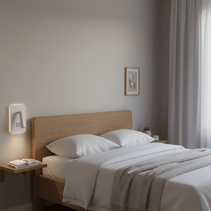 A modern bedroom featuring the Bewley Square Bedside Reading Light mounted on the wall beside a wooden bed, creating a cozy