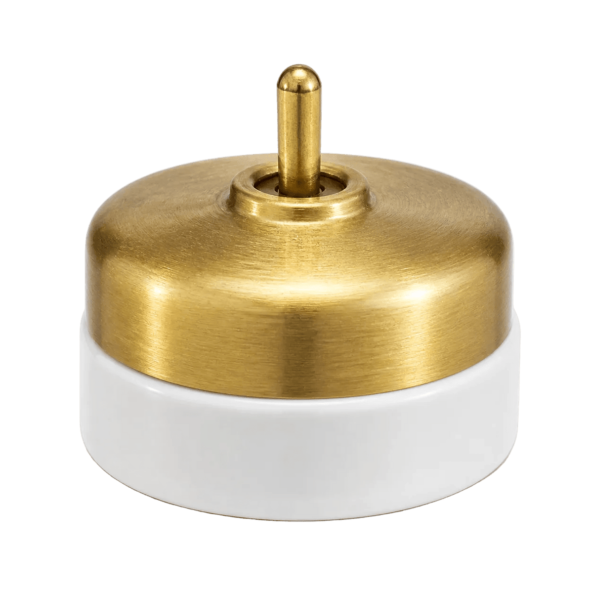 Brushed brass switch with a cylindrical white porcelain base, featuring a central toggle.