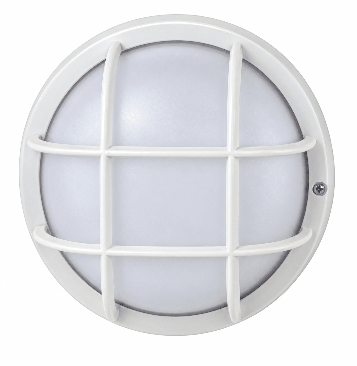 White round bulkhead light with frosted diffuser and protective grille
