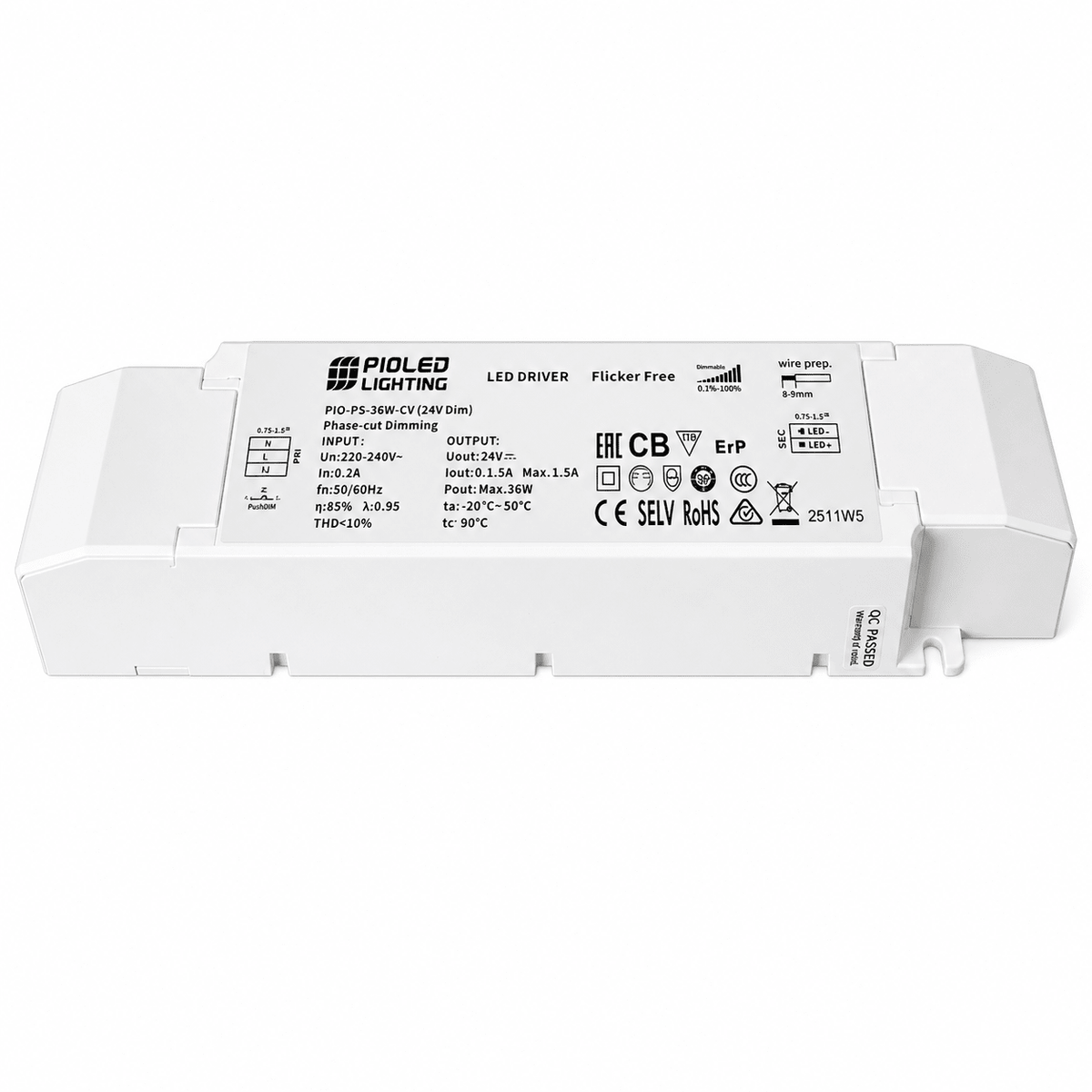 PS-36W-CV 24V dimmable LED driver, flicker free, phase‑cut dimming, wire prep 8‑9 mm