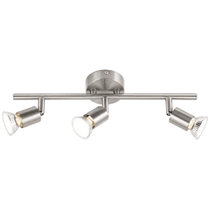 Three-head satin chrome ceiling spotlight with adjustable arms and clear glass lenses against a green background