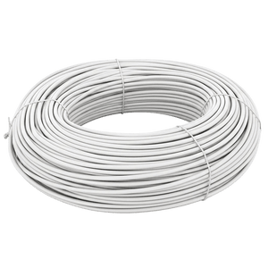 Large coil of white panel flex wire secured with ties on a green background