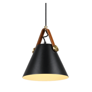 Black cone pendant light with brown leather straps and brass fittings, hanging from a black cord against a green background.