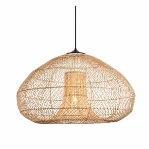 Chantelle Rattan Pendant light featuring a woven raffia design with a warm glow, suspended from a black cord.