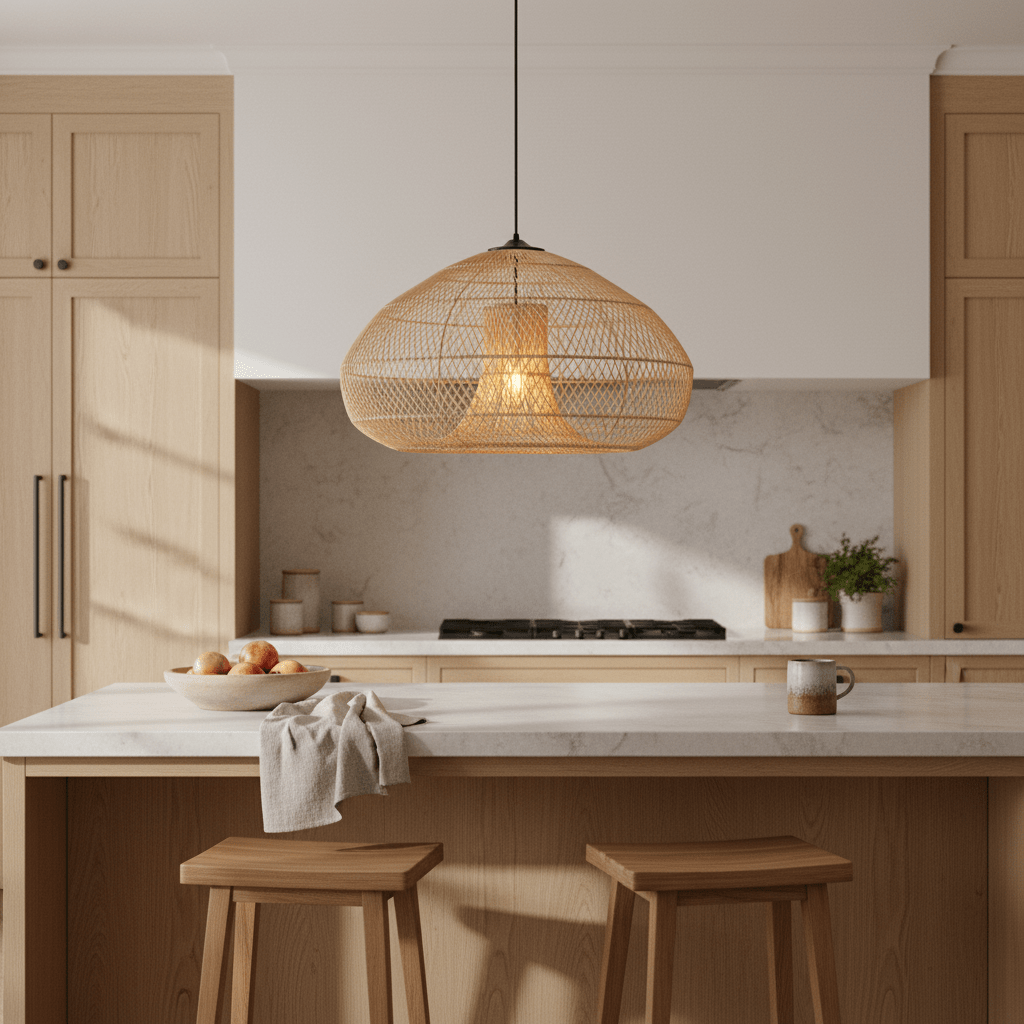 Chantelle Rattan Pendant light hanging above a kitchen island with wooden stools and a bowl of fruit.