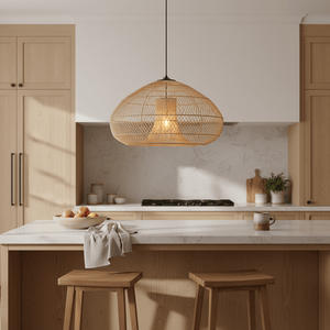 Chantelle Rattan Pendant light hanging above a kitchen island with wooden stools and a bowl of fruit.