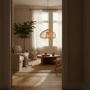 Chantelle Rattan Pendant light hanging over a cozy living room setting with a coffee table and plants.