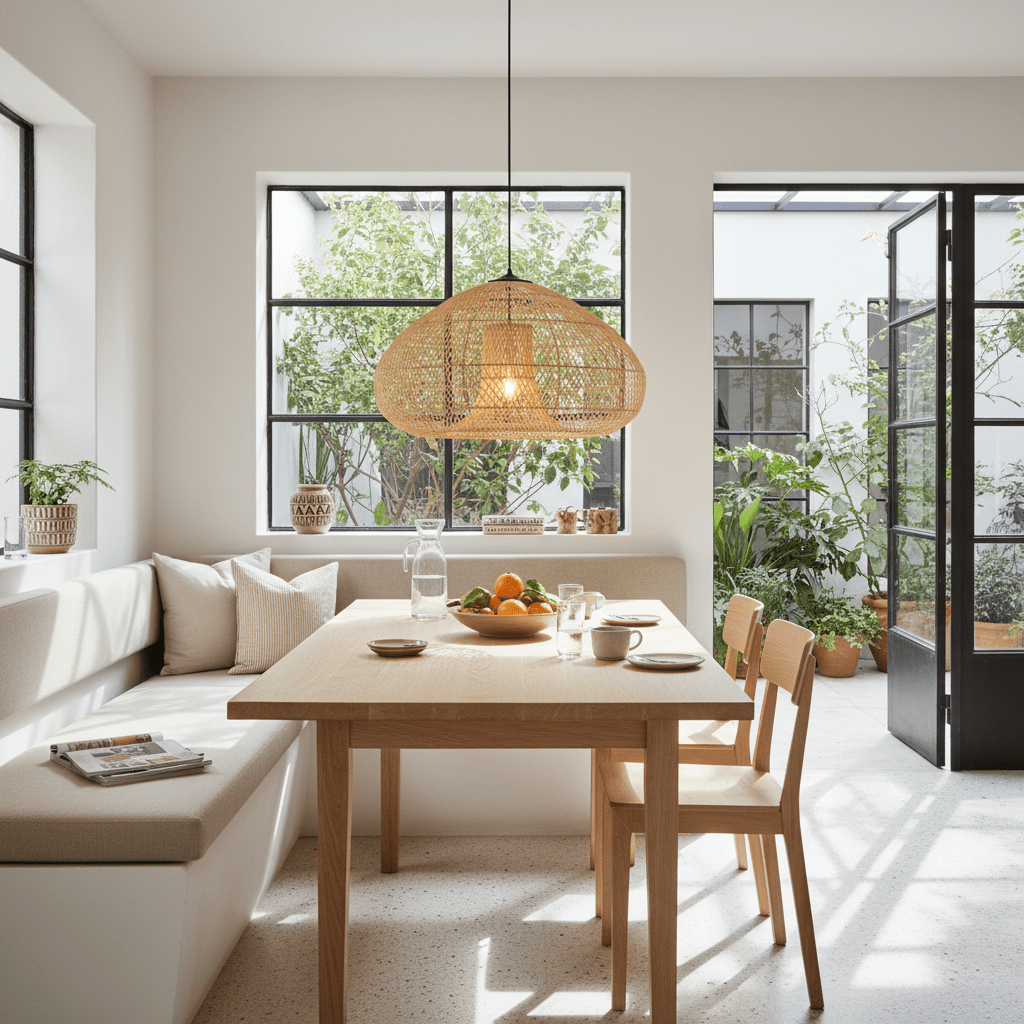 Chantelle Rattan Pendant light hanging above a wooden dining table in a bright, plant-filled room.