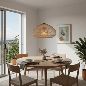 Chantelle Rattan Pendant light hanging over a round wooden dining table set with plates and a vase.