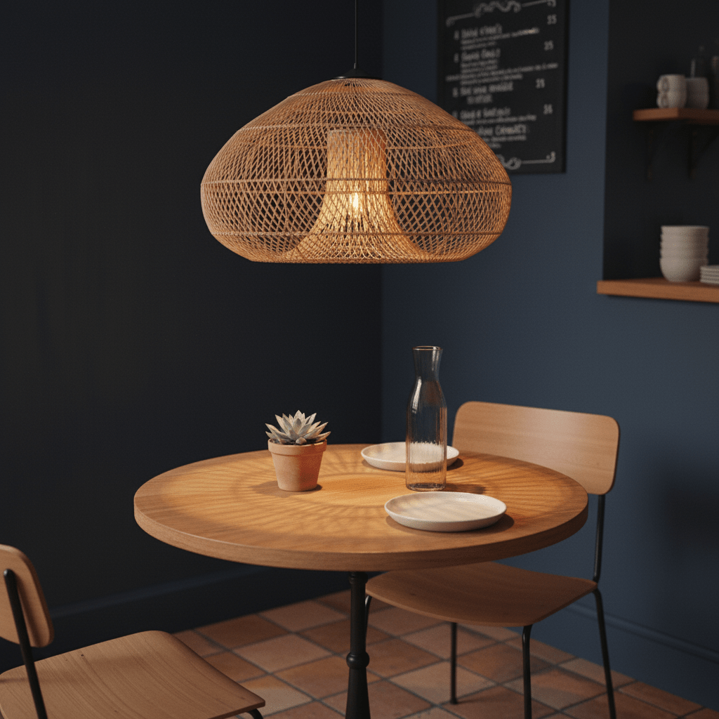 Chantelle Rattan Pendant light hanging above a wooden dining table with a succulent and tableware.