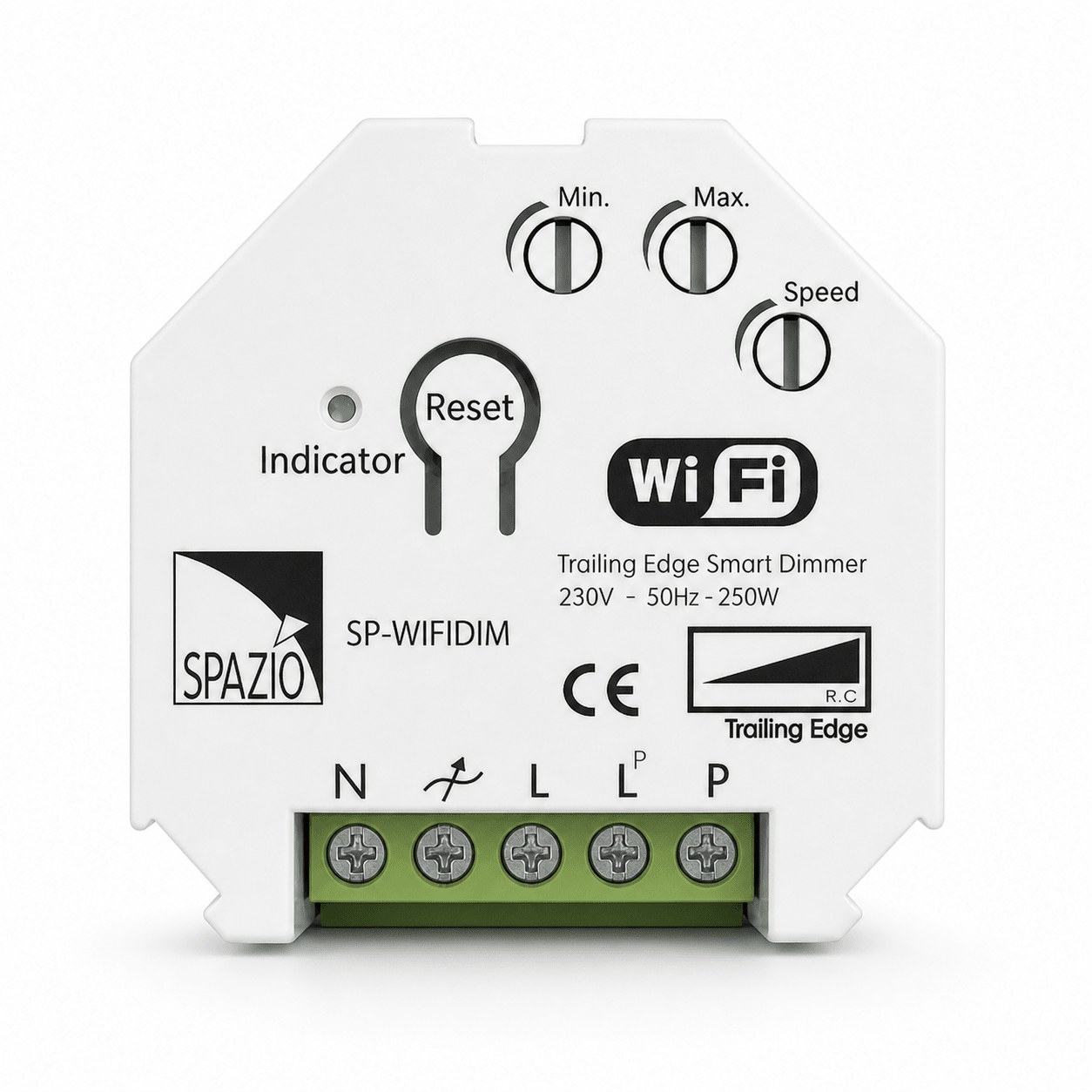 LED WiFi dimmer module with control knobs and connection terminals, designed for indoor use.