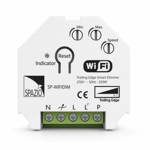 LED WiFi dimmer module with control knobs and connection terminals, designed for indoor use.