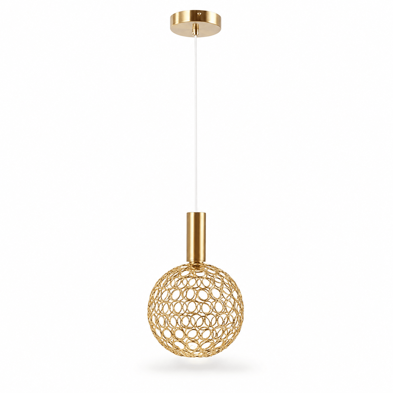 Modern LED small round metal ring pendant light with a sleek design, suspended from a ceiling mount.
