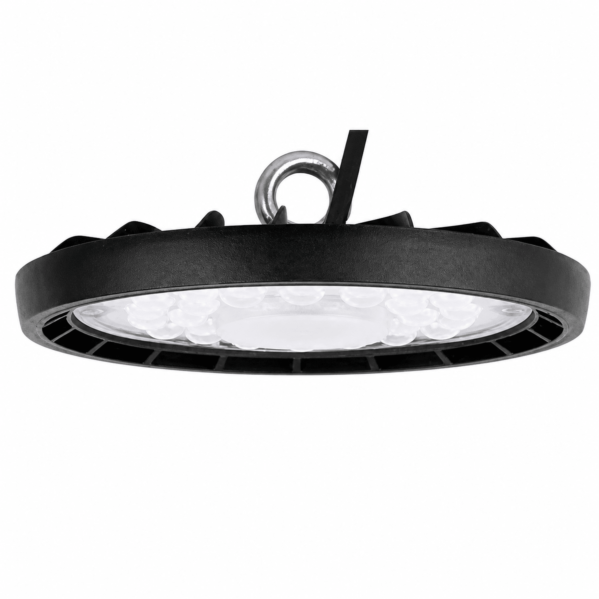 100W UFO-style LED high-bay light with a black aluminum frame and polycarbonate lens, showcasing its design.