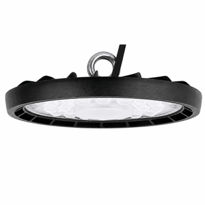 100W UFO-style LED high-bay light with a black aluminum frame and polycarbonate lens, showcasing its design.